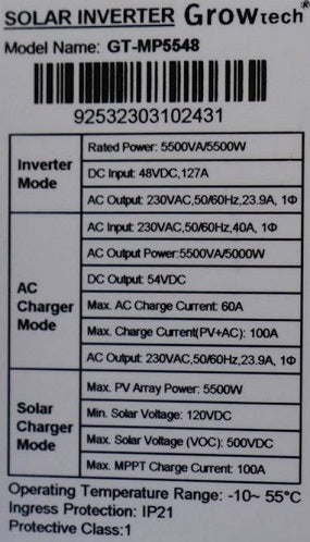 Growtech 5.5KW 48v Mppt Hybrid Solar Inverter 100A 120V-450VDC