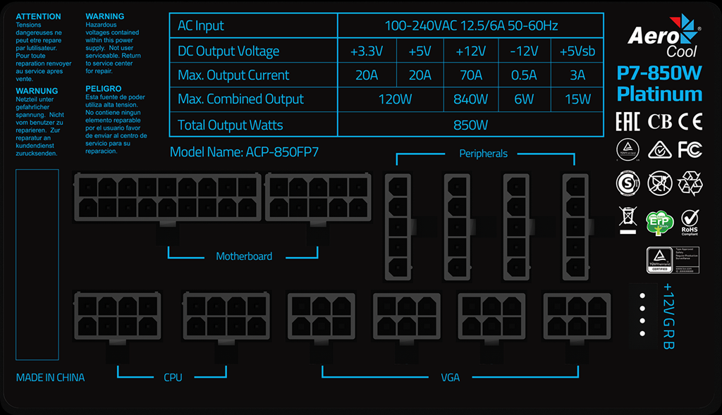 AeroCool Project 7 RGB Ready 850w 80 Plus Platinum Certified Modular Power Supply